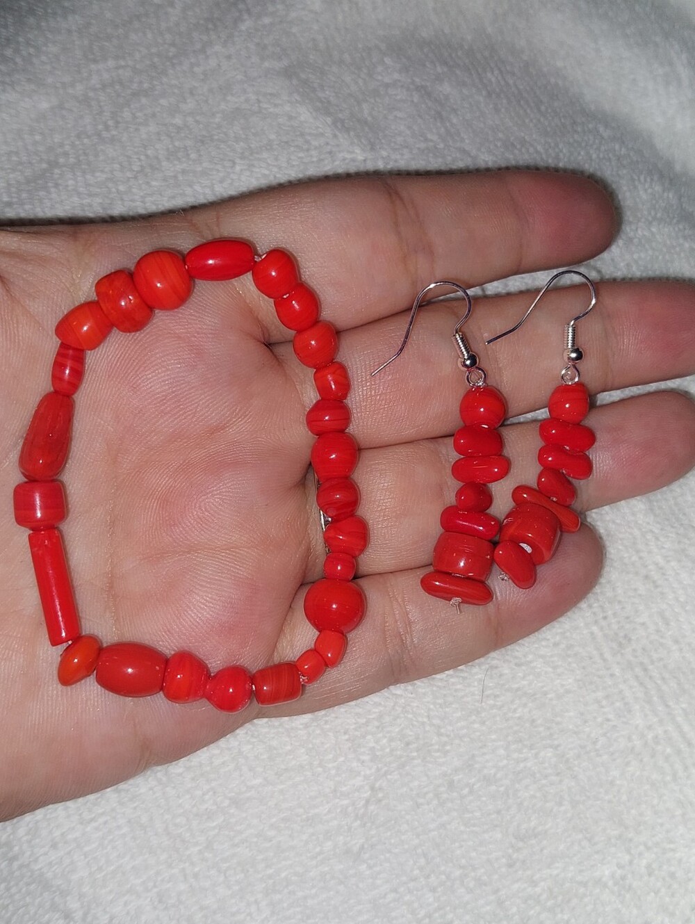 Red Glass Beaded Bracelet and Dangle Earrings Set - Women's Jewelry